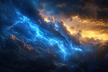 Stunning Cosmic Landscape with Vibrant Blue and Orange Nebula Clouds Illuminated by Electric Lightning in Deep Space
