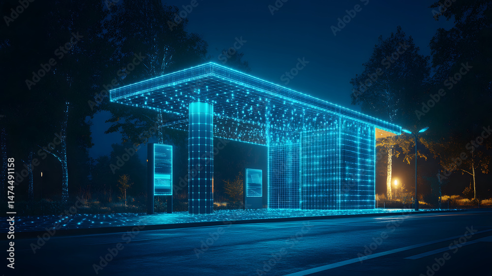 Leinwandbilder futuristic bus stop with glowing blue wireframe design at night. digital signage illuminates the wet