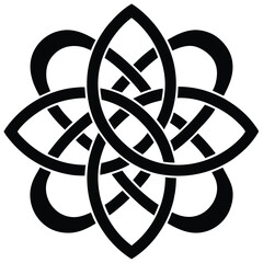 An intricate knotwork motif forms an elegant symmetrical emblem in solid black color