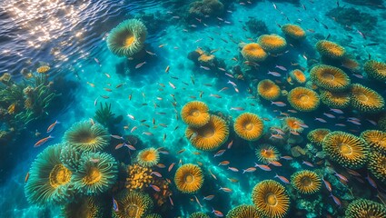 Coral Reef with Vibrant Sea Anemones and Small Fish in Clear Ocean