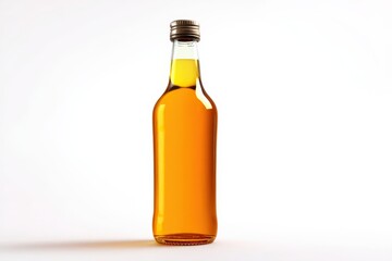 Amber liquid fills a clear glass bottle against a white background.