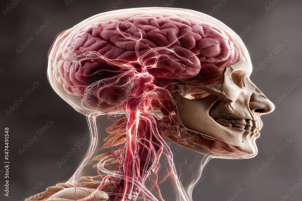 Poster detailed depiction of human brain anatomy with vascular structure visible in a side profile view