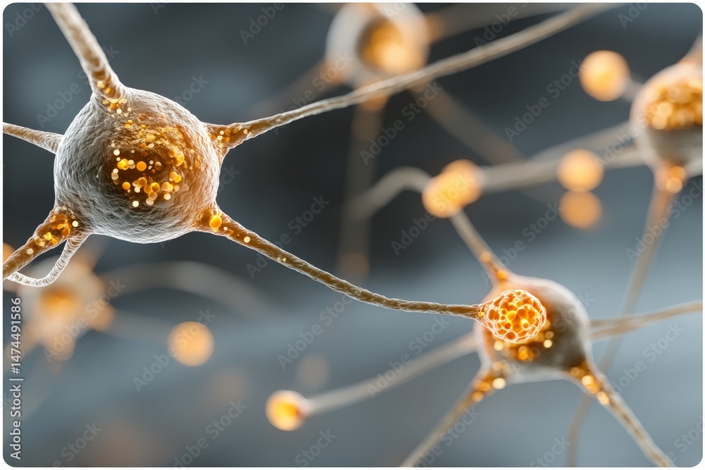 Poster Neurons communicating in a detailed close-up view showcasing synaptic connections and structures