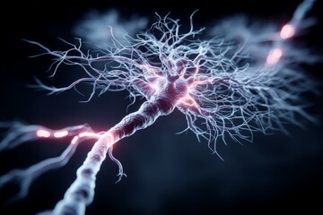 Detailed visualization of a neuron structure showing connections and electrical impulses in a dark background
