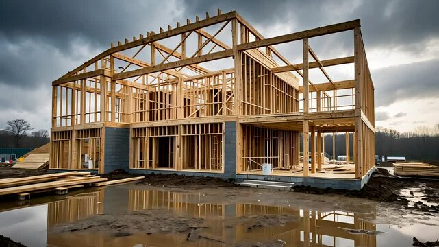 Wooden House Frame Construction Under Cloudy Sky with Puddles on Ground