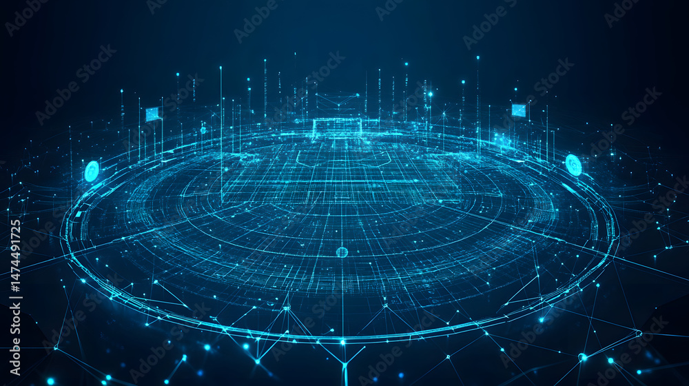 Fototapete Futuristic blue structure showcasing intricate lines and glowing orbs, set against a dark backdrop, representing data networks and technological advancements. Abstract wireframe in dark blue.