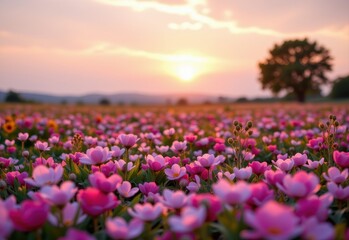 a field of soft petals with oil vials scattered and glowing under soft sky