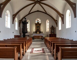Serene Interior of a Charming Wooden Church with Simple Design
