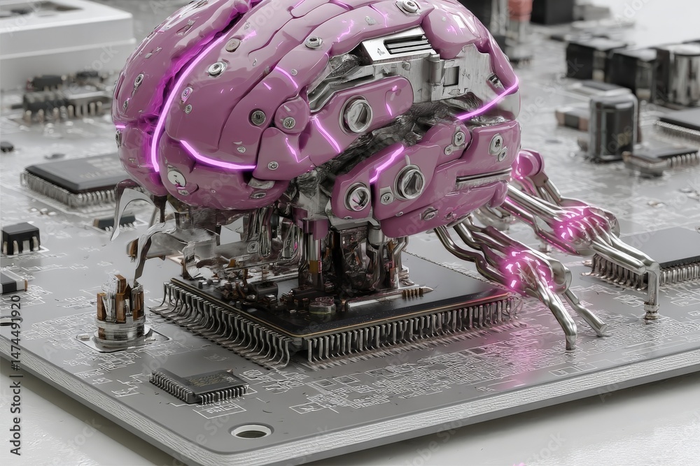 Aufkleber futuristic robotic brain with metallic arms on a circuit board