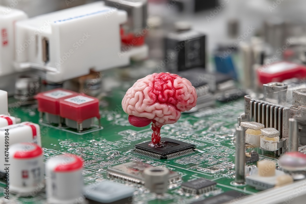 Fototapete Conceptual representation of artificial intelligence featuring a brain on a circuit board in a modern technological environment