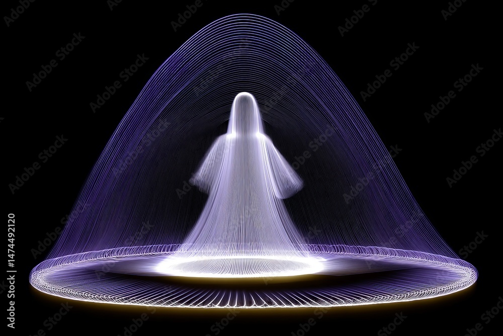 Aufkleber Digital art visualization of a ghostly figure surrounded by glowing light, creating an otherworldly atmosphere in a dark setting