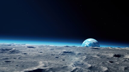 A vast, icy expanse with a blue planet-like object in the distance, illuminated by a starry sky.