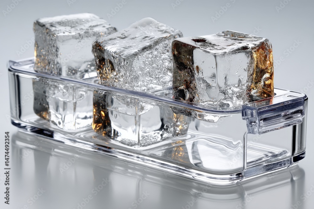 Aufkleber Ice cubes placed neatly in a clear container on a reflective surface for creative drink presentations