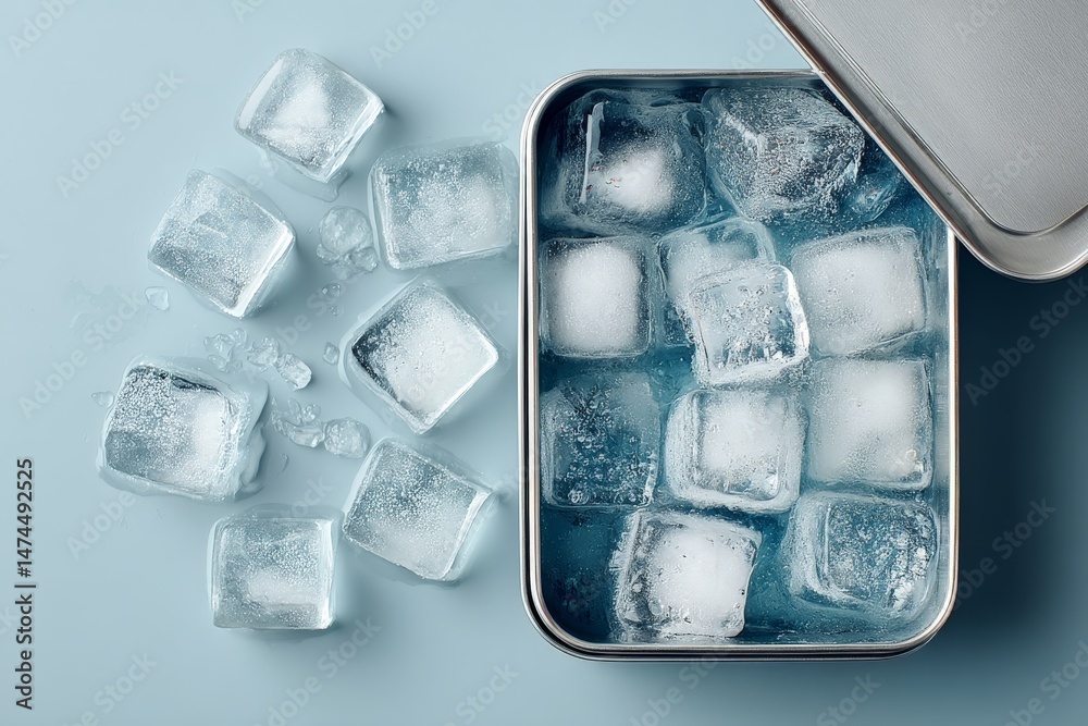 Aufkleber ice cubes in a metal container on a soft blue background, emphasizing freshness and coolness of the 