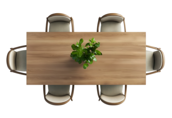 Top view of dining table with chairs on transparent background, cutout.