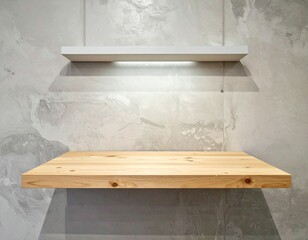 Minimalist Wooden Shelf with Simple Lighting on Concrete Wall