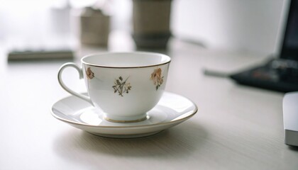 Elegant porcelain cup with delicate floral design on a wooden table