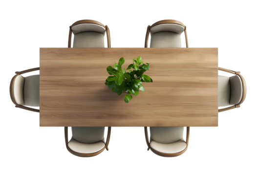 Top view of dining table with chairs on transparent background, cutout.
