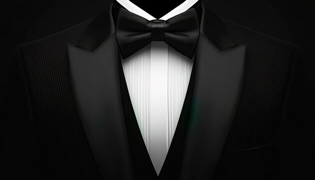 Black tuxedo with white dress shirt and bow tie on black background.