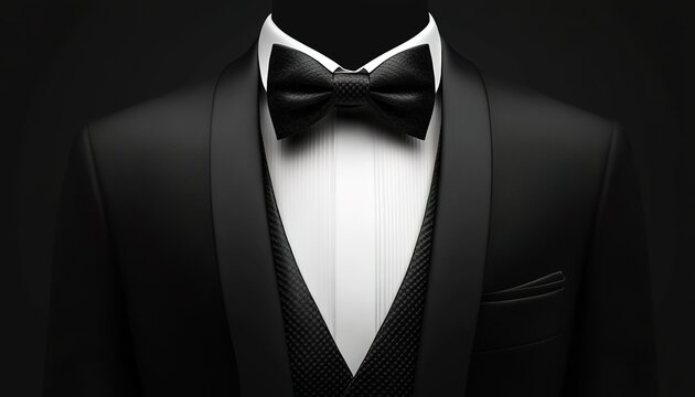 Black tuxedo with white dress shirt and bow tie on black background.