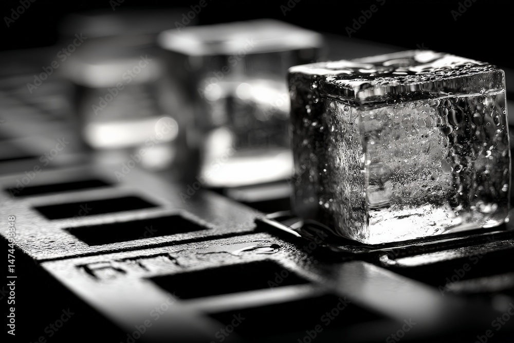 Aufkleber Close-up view of ice cubes resting on a black surface, highlighting texture and reflections in low lighting during evening hours