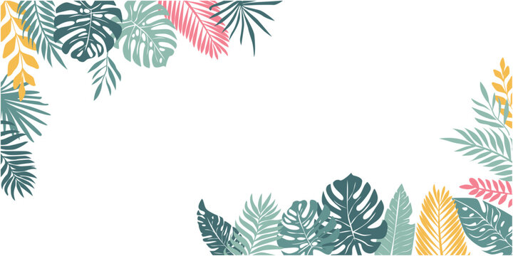  Colorful tropical leaves illustration for summer and vacation design. Summer botanical background. Vector illustration. Tropical leaves frame.