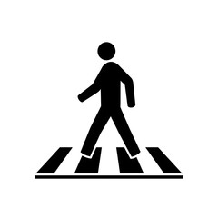 Clear black and white icon depicting a person carefully walking on a zebra crossing. A universal symbol for road safety and pedestrian awareness.