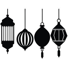 Black silhouette depicts four hanging traditional lanterns in varying styles against a plain white background