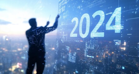 Business Leader Writing New Year On Futuristic Interface Against Cityscape
