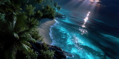 Calm tropical beach at night with moonlit water and palm trees