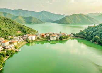Drone View of Kulekhani Lake and Markhu Town, Nepal - Majestic Landscape