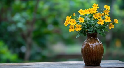 The combination of the brown ceramic vase and yellow flowers is placed on an old wooden table, with blurred green trees in the background