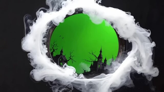 Spooky forest silhouette behind swirling smoke green screen frame