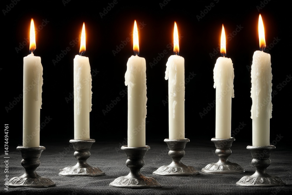 Aufkleber elegant white candles flicker softly in silver holders against a dark backdrop creating a serene atm