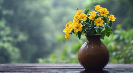 The combination of the brown ceramic vase and yellow flowers is placed on an old wooden table, with blurred green trees in the background