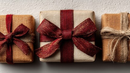 a white background with a red ribbon and three brown boxes with red bows on top,photo stocks
