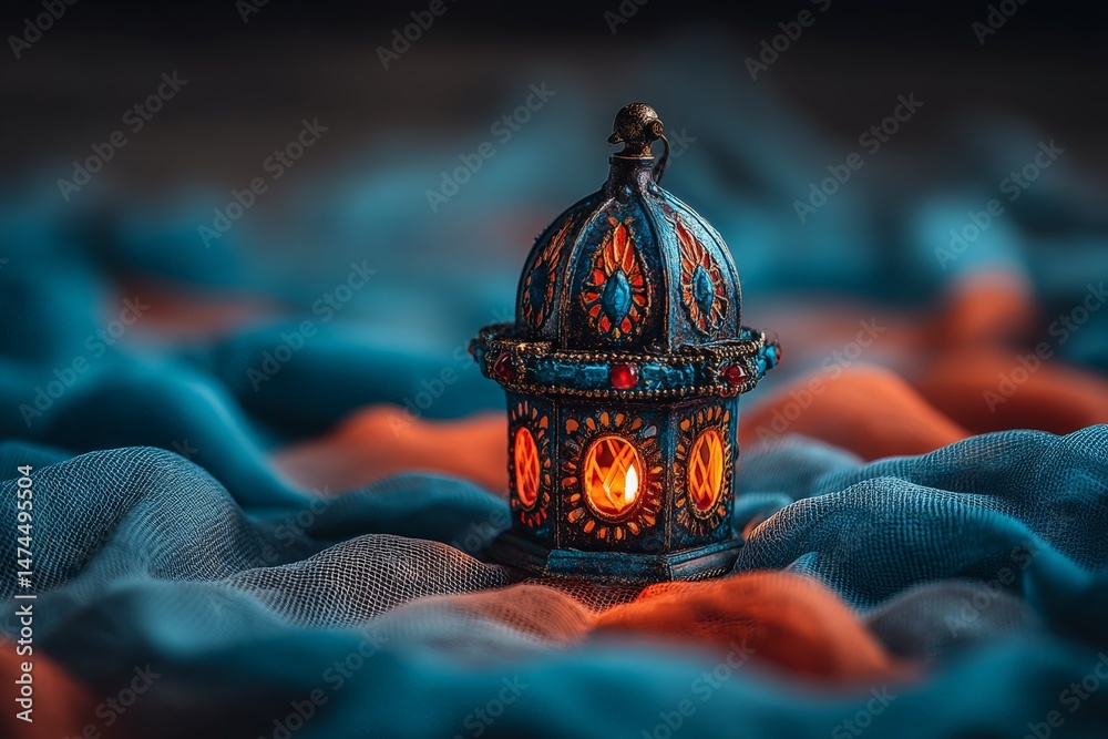 Poster decorative lantern illuminated on colorful fabric background creates a warm and inviting atmosphere 