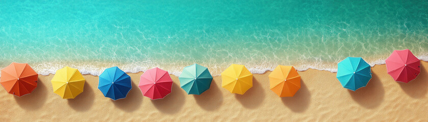 Colorful beach umbrellas lined up on sandy shore