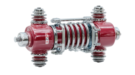 Red industrial parts detail: Captivating close-up showcases the intricacies of a robust, machine component in vibrant red, highlighting the intersection of industrial precision and sleek design.