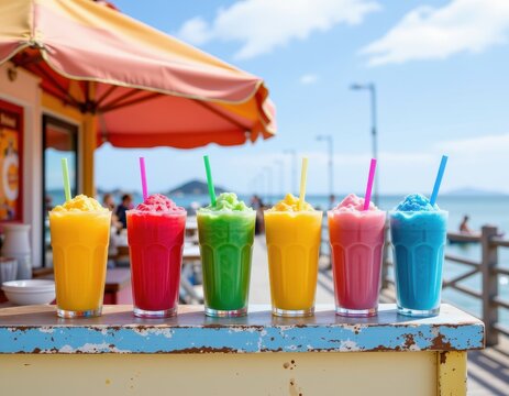 a slushy stand at a seaside pier, with multicolor frozen drinks arranged like a gradient