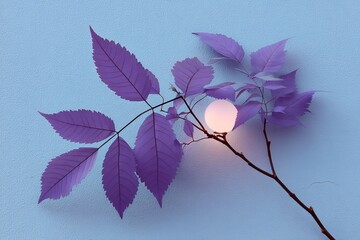 Vibrant purple leaves against a pale blue wall with a glowing circular element