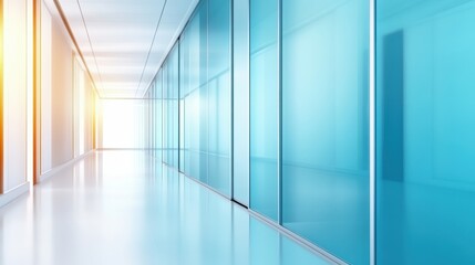 Obraz premium A modern office corridor features sleek glass walls with natural light flooding in, creating an inviting atmosphere, This image is ideal for showcasing corporate architecture, interior design