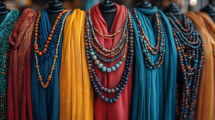 Obraz premium Serene display of eco friendly scarves styled with neutral tones and bold accent jewelry perfect for artisan and ethical fashion catalogs Color Palette Warm Sand Dark Teal Terracotta Muted Gold