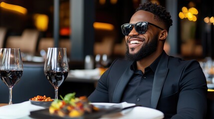A smiling man in a stylish black outfit enjoys a gourmet meal in an elegant restaurant, with glasses of red wine in front of him, This image can be used for themes of fine dining, luxury