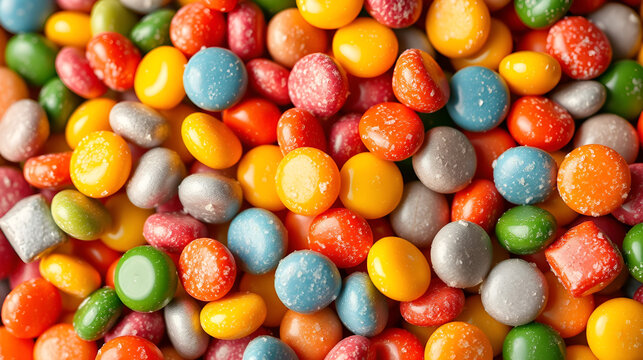 Rainbow colors of multicolored candies close-up, texture and repetition of dragee