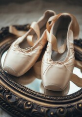 Elegant ballet pointe shoes on baroque mirror frame with delicate ribbons in vintage setting