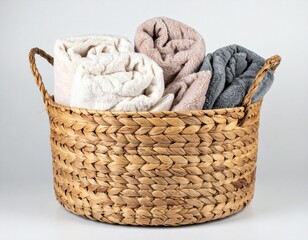 Obraz premium Cozy Towels in a Woven Basket for Home Decor and Bath Essentials