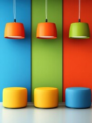 Brightly colored walls in blue, green, and red feature stylish pendant lights above round seating in matching hues, perfect for modern interior design, cafes, or creative workspaces,