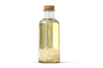 A glass bottle of rice bran oil with rice grains at the bottom.  Clear, light yellow oil.