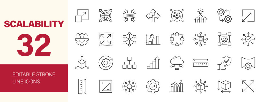 Scalability icon set. Containing growth, expansion, stretch, elasticity, efficiency, scalable resize, performance, adaptability and more. Editable line icons. Vector illustration.